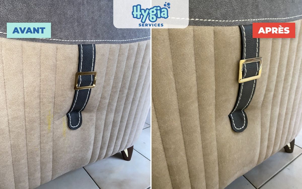 Avant / après : flanc de canapé beige taché, puis net après nettoyage