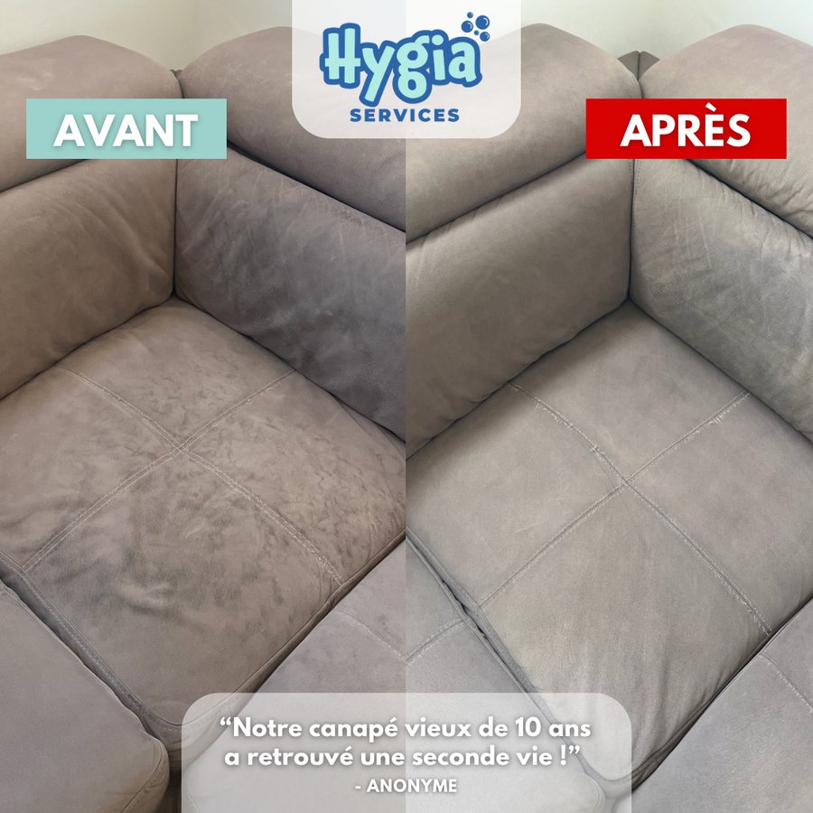 Avant / après : assise de canapé d'angle tachée puis nettoyée